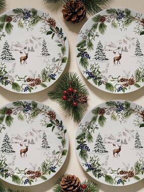 Pottery Barn Set of 4 Winter Stag Salad Plates 9” NEW Stoneware Christmas Deer